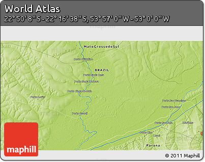 Physical 3D Map of the Area around 22° 33' 23" S, 53° 28' 30" W