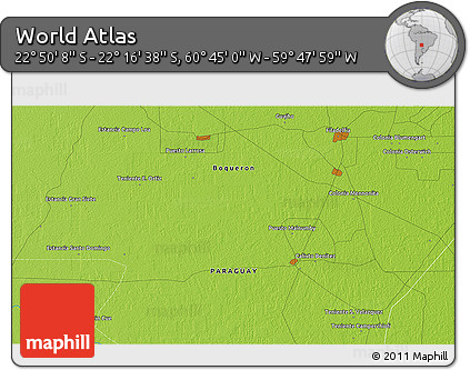 Physical 3D Map of the Area around 22° 33' 23" S, 60° 16' 29" W