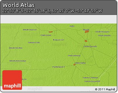 Physical 3D Map of the Area around 22° 33' 23" S, 60° 16' 29" W