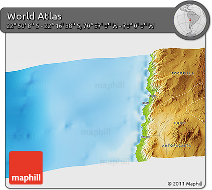 Physical 3D Map of the Area around 22° 33' 23" S, 70° 28' 29" W