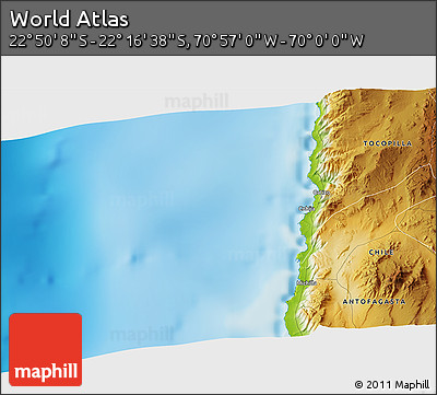 Physical 3D Map of the Area around 22° 33' 23" S, 70° 28' 29" W