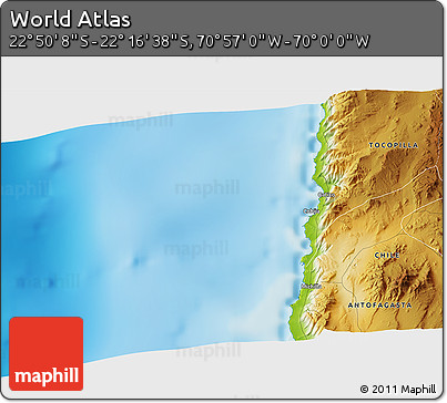 Physical 3D Map of the Area around 22° 33' 23" S, 70° 28' 29" W