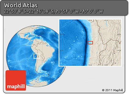 Shaded Relief Location Map of the Area around 22° 33' 23" S, 70° 28' 29" W