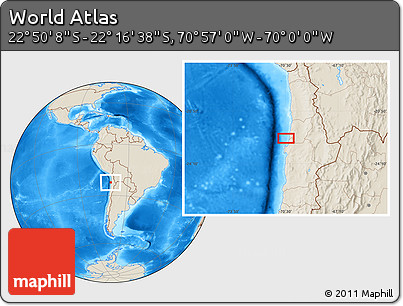 Shaded Relief Location Map of the Area around 22° 33' 23" S, 70° 28' 29" W