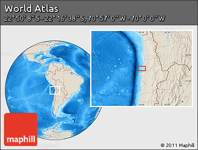 Shaded Relief Location Map of the Area around 22° 33' 23" S, 70° 28' 29" W