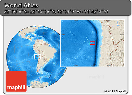 Shaded Relief Location Map of the Area around 22° 33' 23" S, 72° 10' 30" W