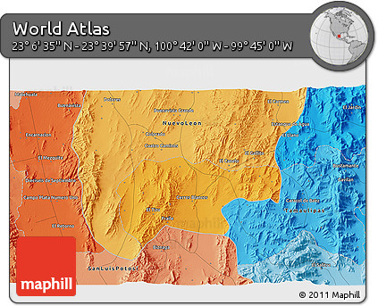 Political 3D Map of the Area around 23° 23' 16" N, 100° 13' 29" W