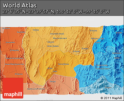 Political 3D Map of the Area around 23° 23' 16" N, 100° 13' 29" W