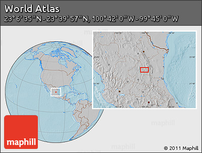 Gray Location Map of the Area around 23° 23' 16" N, 100° 13' 29" W, hill shading