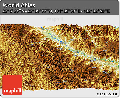 Physical 3D Map of the Area around 23° 23' 16" N, 102° 4' 29" E