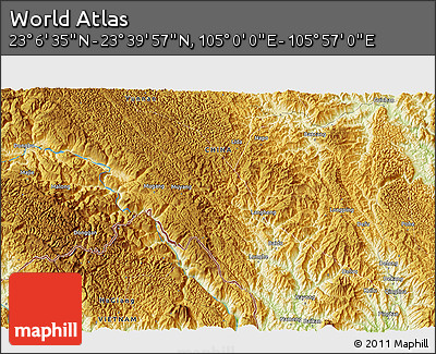 Physical 3D Map of the Area around 23° 23' 16" N, 105° 28' 29" E