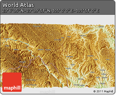 Physical 3D Map of the Area around 23° 23' 16" N, 105° 28' 29" E