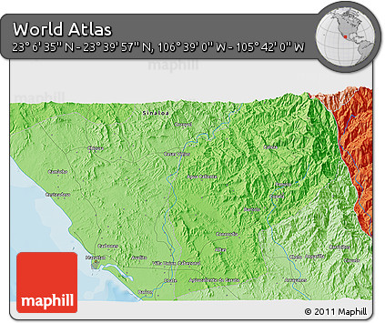 Political 3D Map of the Area around 23° 23' 16" N, 106° 10' 30" W