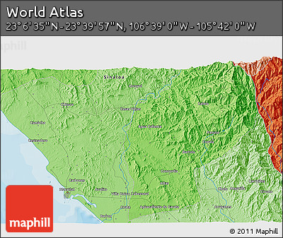 Political 3D Map of the Area around 23° 23' 16" N, 106° 10' 30" W