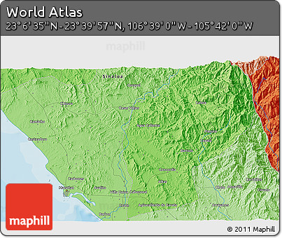 Political 3D Map of the Area around 23° 23' 16" N, 106° 10' 30" W