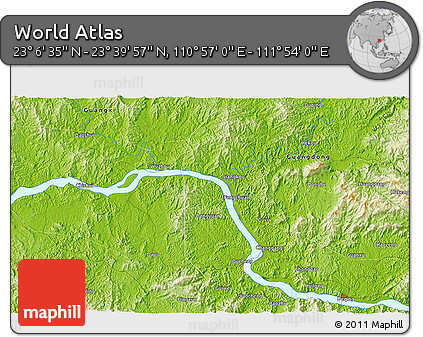 Physical 3D Map of the Area around 23° 23' 16" N, 111° 25' 30" E