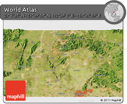 Satellite 3D Map of the Area around 23° 23' 16" N, 113° 7' 30" E