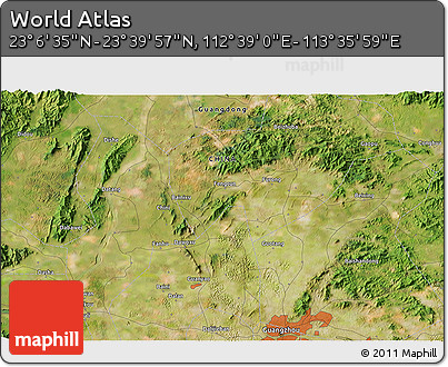 Satellite 3D Map of the Area around 23° 23' 16" N, 113° 7' 30" E