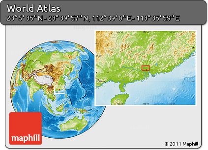 Physical Location Map of the Area around 23° 23' 16" N, 113° 7' 30" E