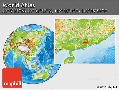 Physical Location Map of the Area around 23° 23' 16" N, 113° 7' 30" E