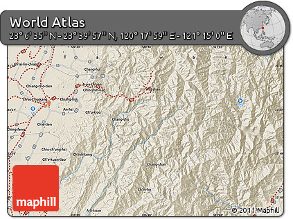 Shaded Relief Map of the Area around 23° 23' 16" N, 120° 46' 30" E