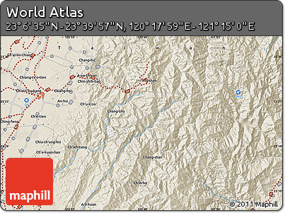 Shaded Relief Map of the Area around 23° 23' 16" N, 120° 46' 30" E