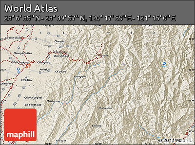 Shaded Relief Map of the Area around 23° 23' 16" N, 120° 46' 30" E