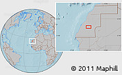 Gray Location Map of the area around 23° 23' 16" N, 14° 22' 30" W, hill shading