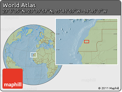 Savanna Style Location Map of the Area around 23° 23' 16" N, 15° 13' 29" W, hill shading