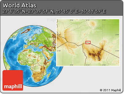 Physical Location Map of the Area around 23° 23' 16" N, 16° 13' 30" E