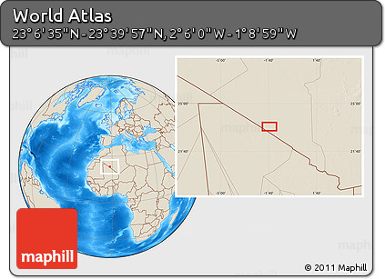 Shaded Relief Location Map of the Area around 23° 23' 16" N, 1° 37' 30" W