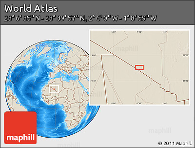 Shaded Relief Location Map of the Area around 23° 23' 16" N, 1° 37' 30" W