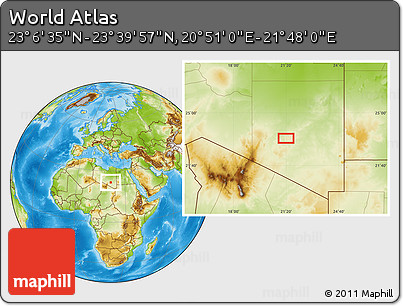 Physical Location Map of the Area around 23° 23' 16" N, 21° 19' 30" E