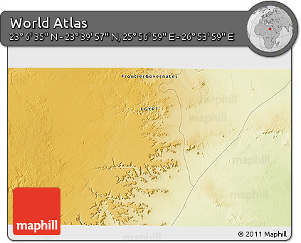 Physical 3D Map of the Area around 23° 23' 16" N, 26° 25' 29" E