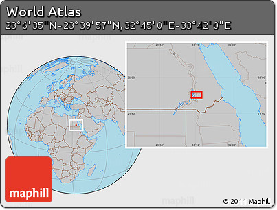 Gray Location Map of the Area around 23° 23' 16" N, 33° 13' 30" E