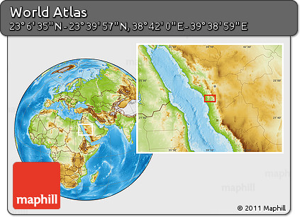 Physical Location Map of the Area around 23° 23' 16" N, 39° 10' 29" E