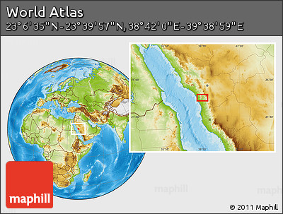 Physical Location Map of the Area around 23° 23' 16" N, 39° 10' 29" E
