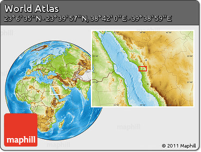 Physical Location Map of the Area around 23° 23' 16" N, 39° 10' 29" E