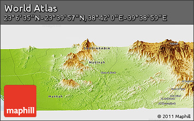 Physical Panoramic Map of the Area around 23° 23' 16" N, 39° 10' 29" E