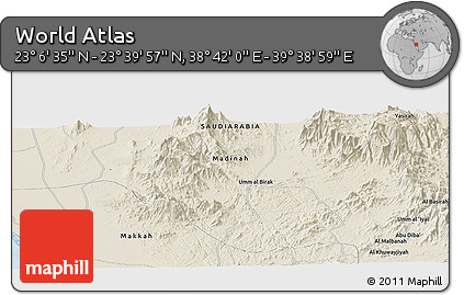 Shaded Relief Panoramic Map of the Area around 23° 23' 16" N, 39° 10' 29" E