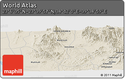 Shaded Relief Panoramic Map of the Area around 23° 23' 16" N, 39° 10' 29" E