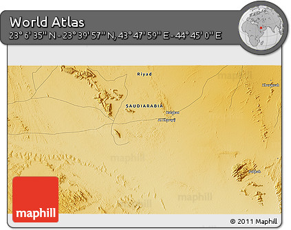 Physical 3D Map of the Area around 23° 23' 16" N, 44° 16' 29" E
