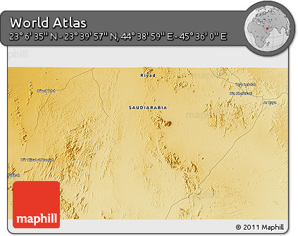 Physical 3D Map of the Area around 23° 23' 16" N, 45° 7' 30" E