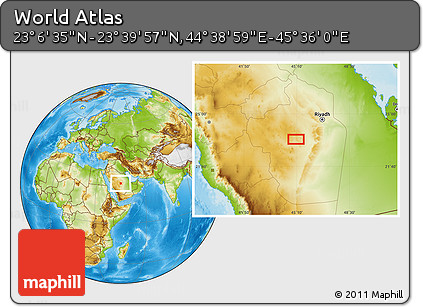 Physical Location Map of the Area around 23° 23' 16" N, 45° 7' 30" E