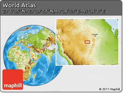 Physical Location Map of the Area around 23° 23' 16" N, 45° 7' 30" E