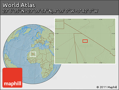 Savanna Style Location Map of the Area around 23° 23' 16" N, 4° 10' 30" W, hill shading
