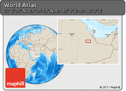 Shaded Relief Location Map of the Area around 23° 23' 16" N, 50° 13' 30" E