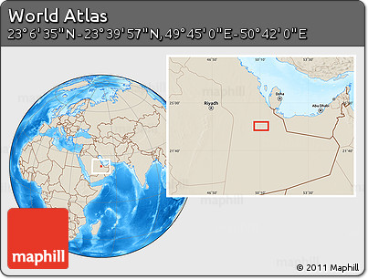 Shaded Relief Location Map of the Area around 23° 23' 16" N, 50° 13' 30" E