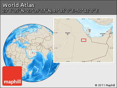 Shaded Relief Location Map of the Area around 23° 23' 16" N, 50° 13' 30" E