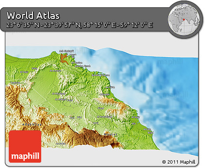 Physical 3D Map of the Area around 23° 23' 16" N, 58° 43' 30" E